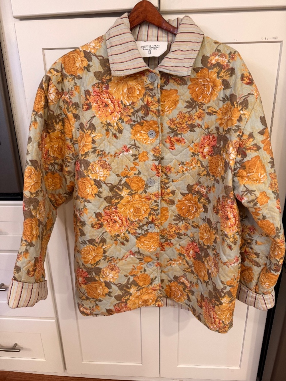 Vintage Quilted Jacket, Floral Marigold Yellow Orange Blossoms, Lid'l Dolly's XL
